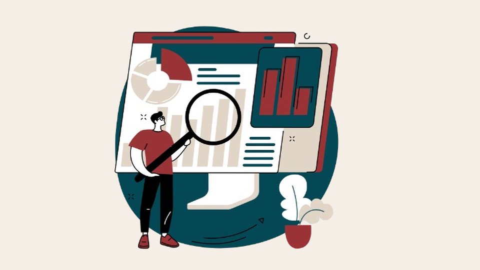 Illustration of a person reviewing a monitoring dashboard with a magnifying glass