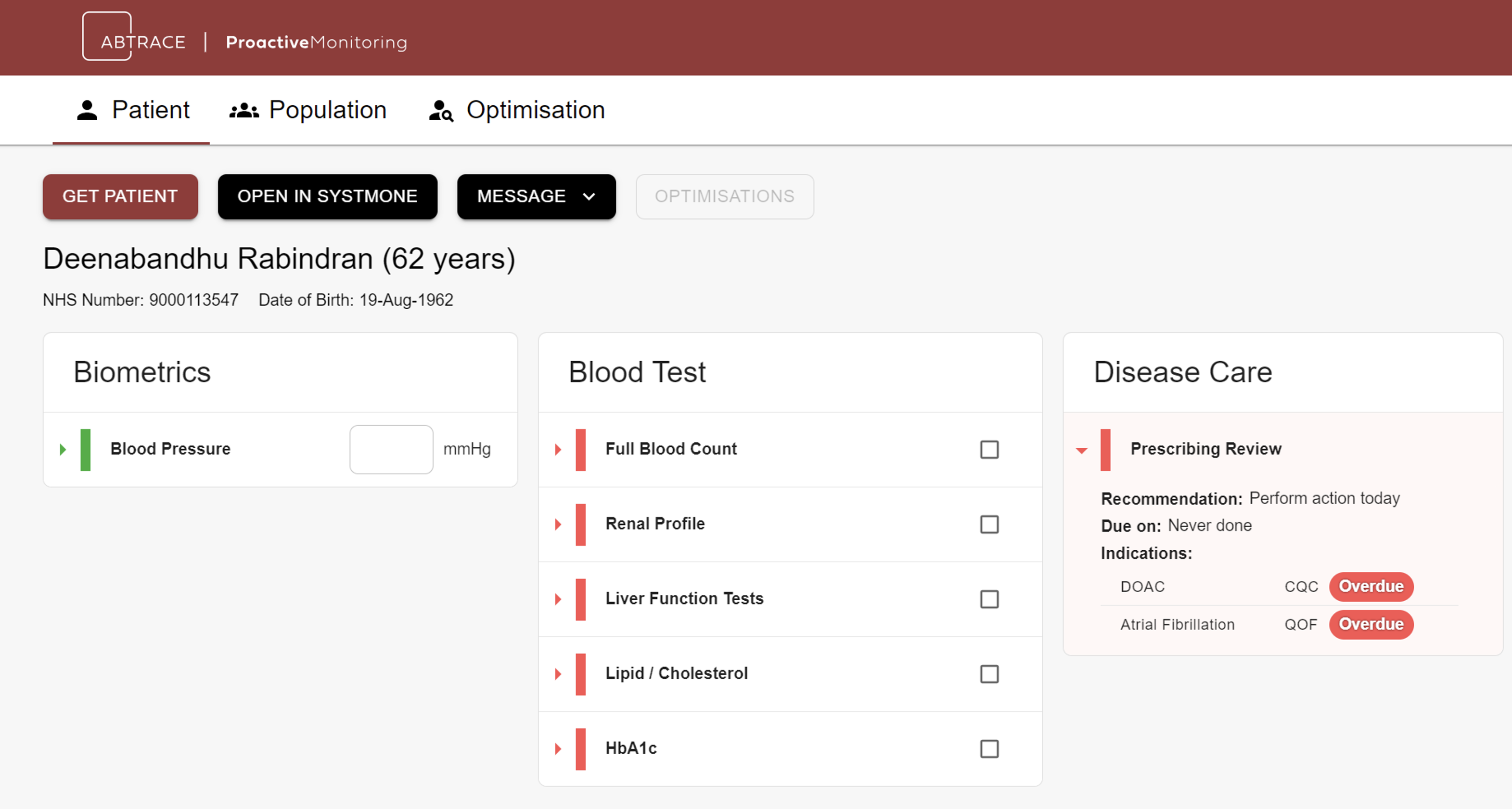 Abtrace interface showing a patient overdue blood tests and a prescribing review