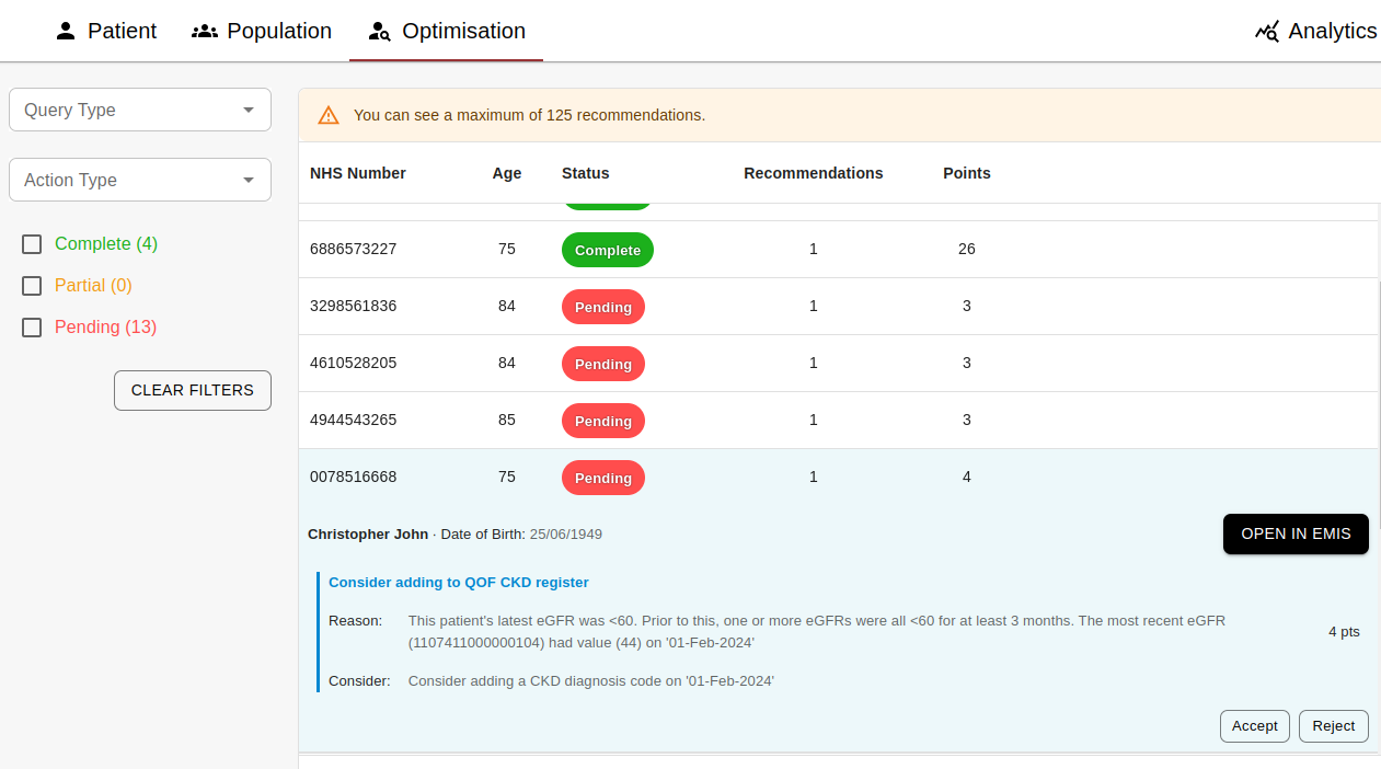 Abtrace Optimisation tab identifying patients missing from the CKD register