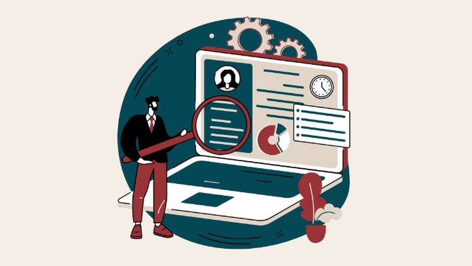 Illustration of a clinician reviewing a patient monitoring dashboard